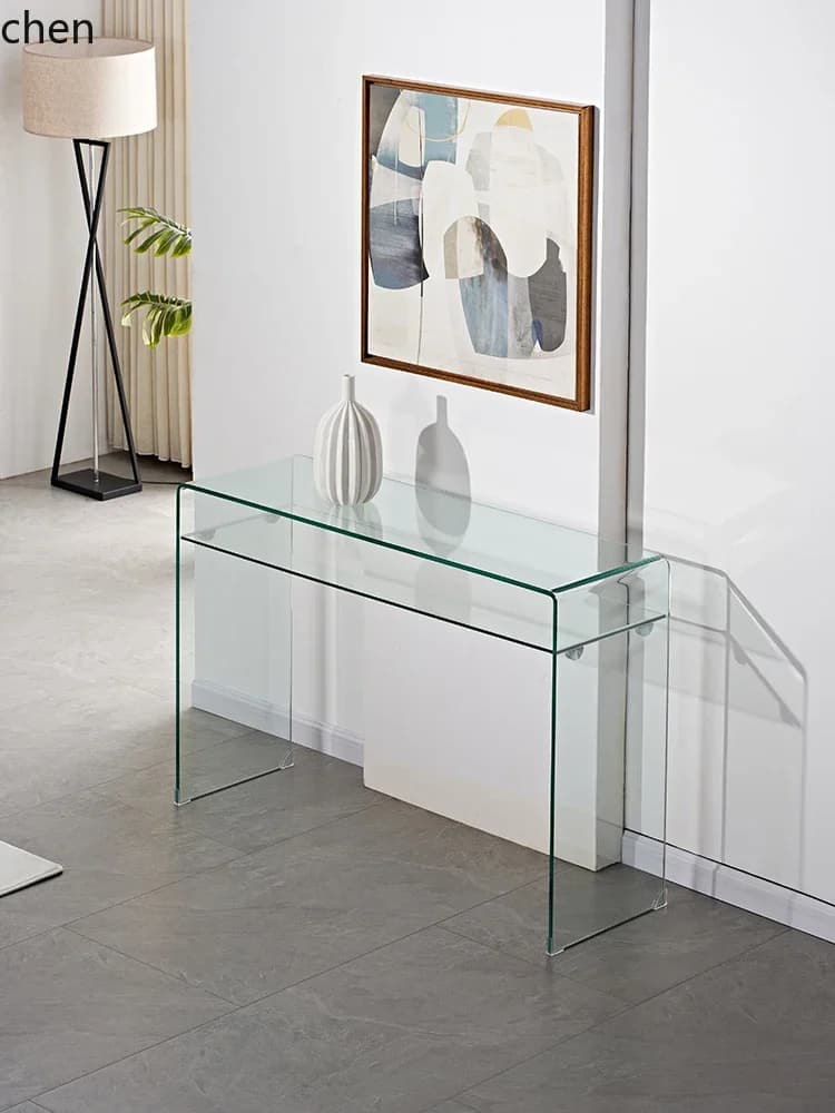 Modern clear glass ultra-narrow console table for entryway corridor.