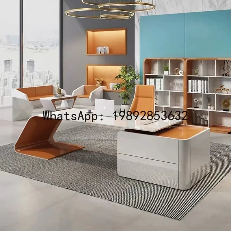 Modern orange and white H5.15 executive desk with curved design and storage cabinet in a professional office setting.