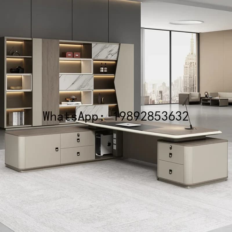 Modern lacquered executive desk with integrated storage and sleek design for a professional office.
