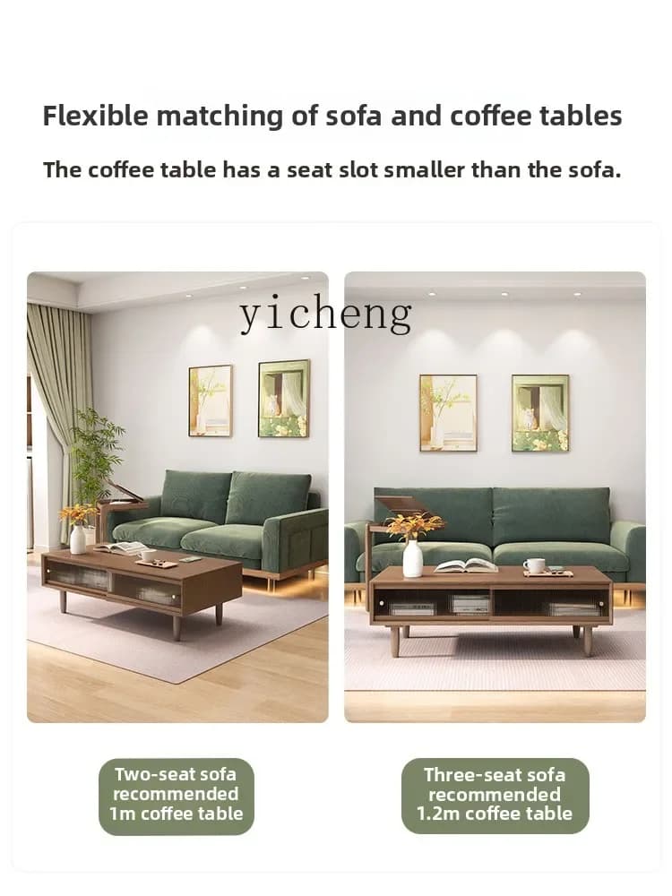 Modern solid wood coffee table and cabinet set in a contemporary living room