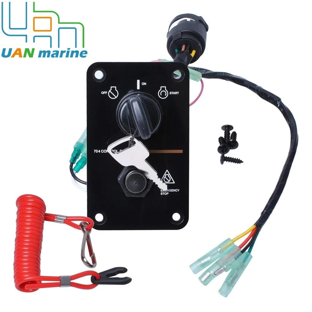 Yamaha outboard ignition key switch panel assembly with keys and red safety lanyard