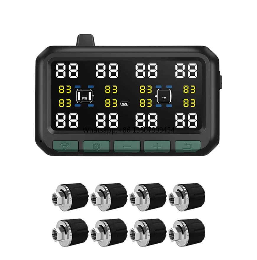Digital tire pressure monitor display showing status for 8 wheels with accompanying wireless sensors.