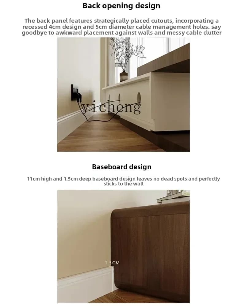 Solid wood retractable TV stand featuring cable management holes and wall-flush design.