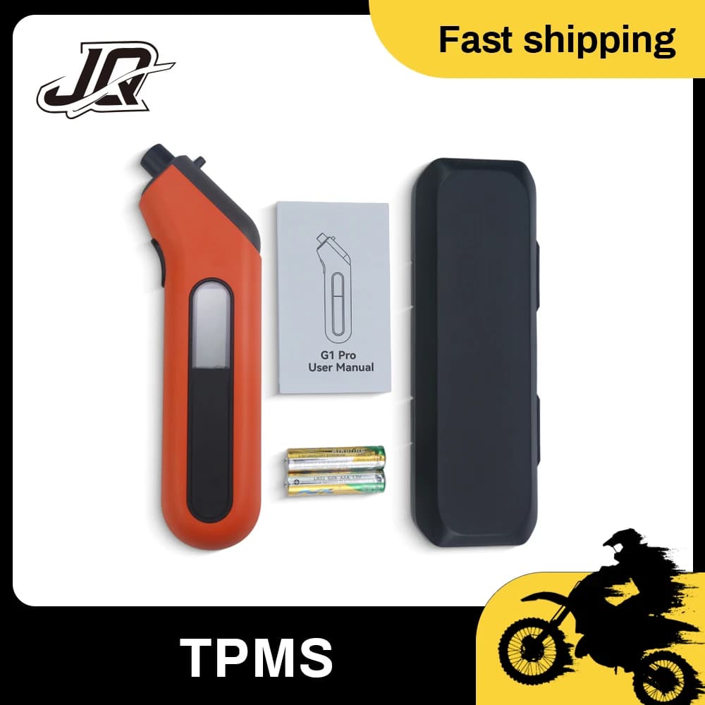 Orange and black portable digital tire pressure monitor with batteries and user manual.