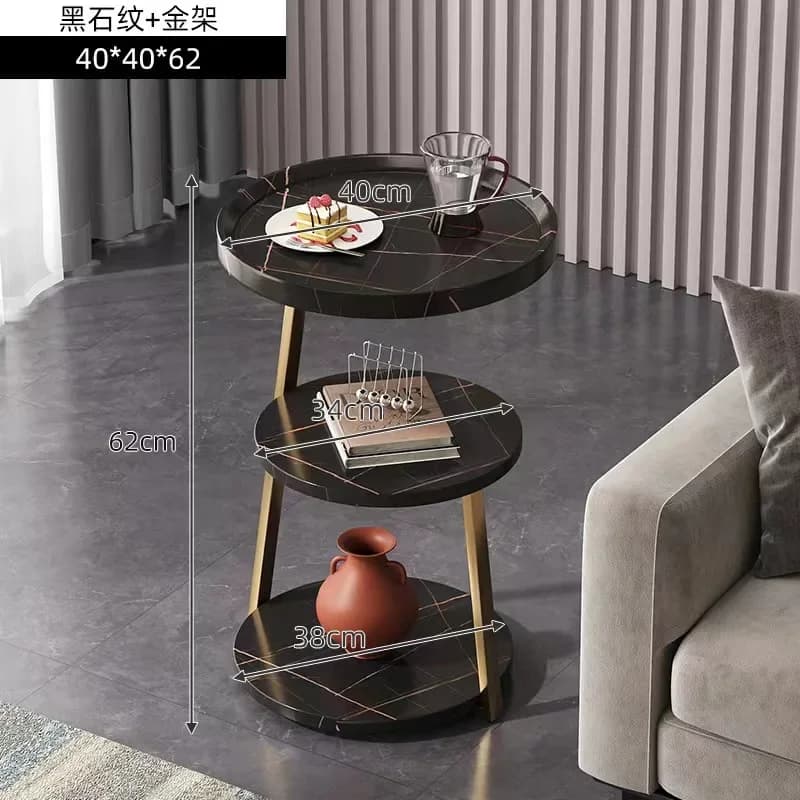 Modern 3-tier round side table featuring black marble-textured tops and a gold metallic frame.