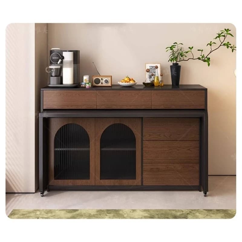 Antique style dark wood dining cabinet with fluted glass doors and integrated table surface.
