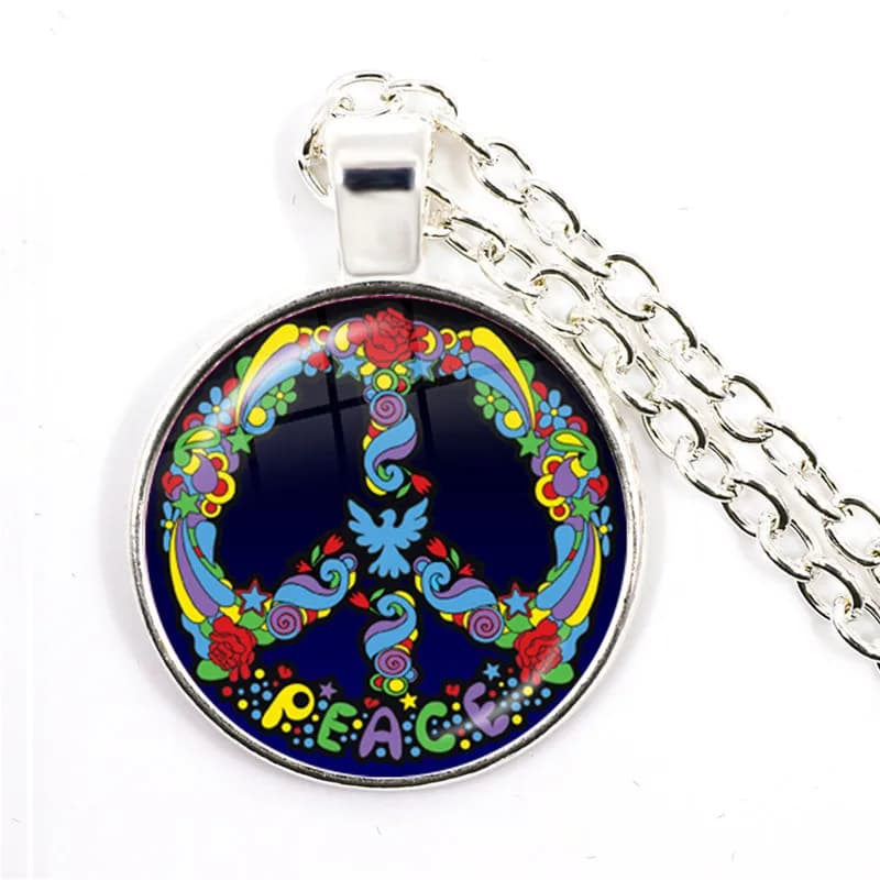 Colorful retro peace sign pendant on a silver chain necklace featuring vibrant floral patterns.