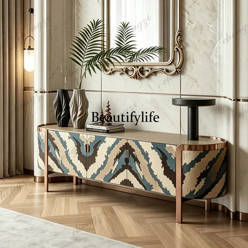 Italian light luxury silver pear wood TV cabinet with artistic blue and beige pattern.