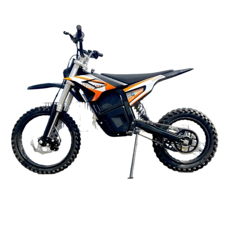 Orange and black adult electric off-road motorcycle mountain bike standing against a white background.