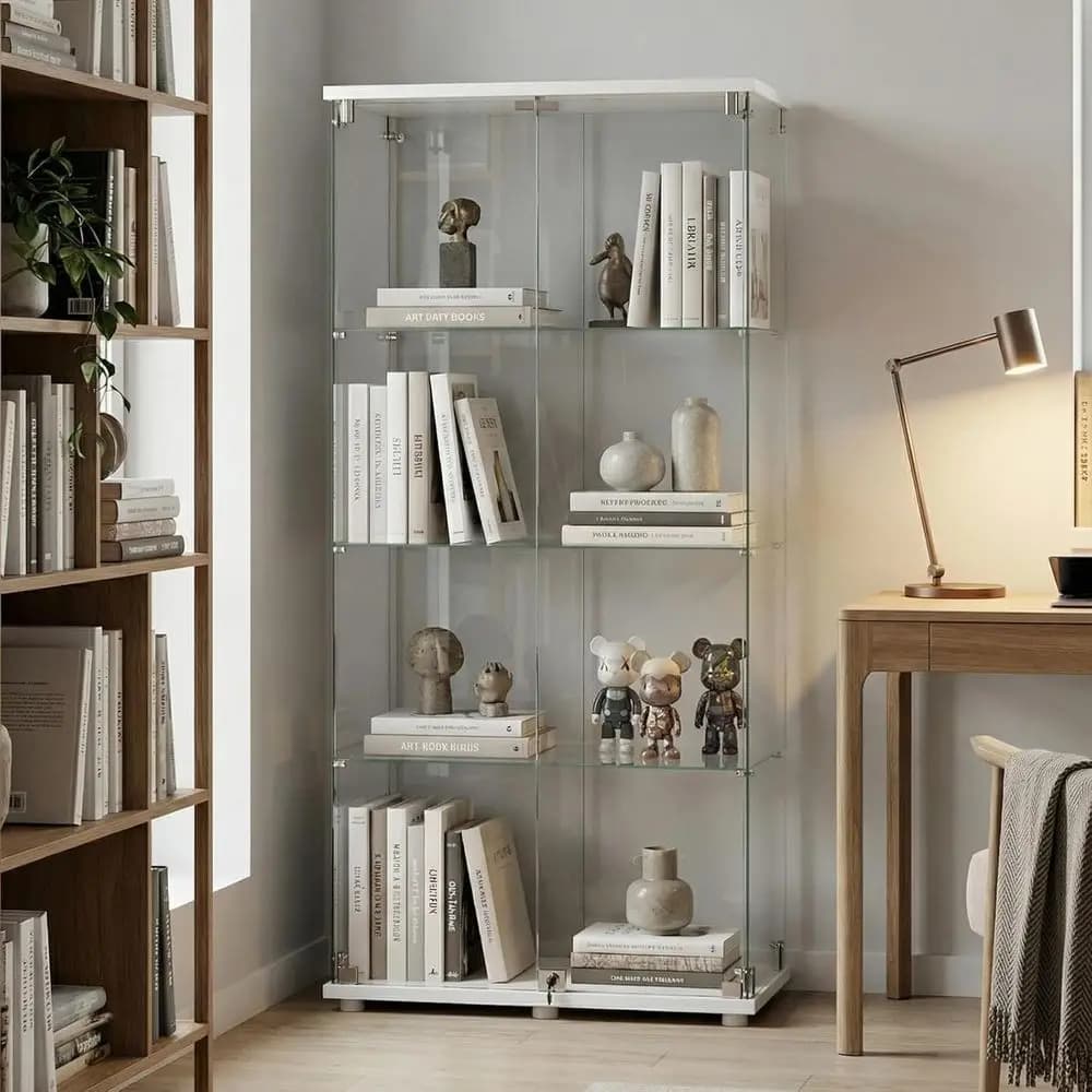 Modern 4-tier white and tempered glass display cabinet with lock showcasing books and decor.