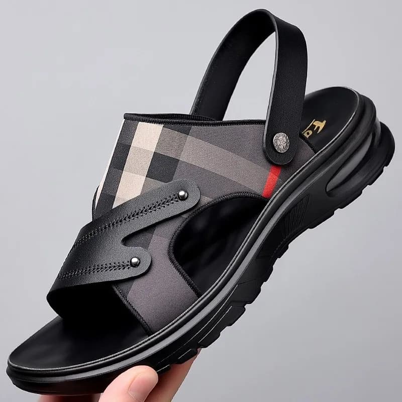 Premium cowhide men's summer sandal with a plaid pattern strap and non-slip sole.