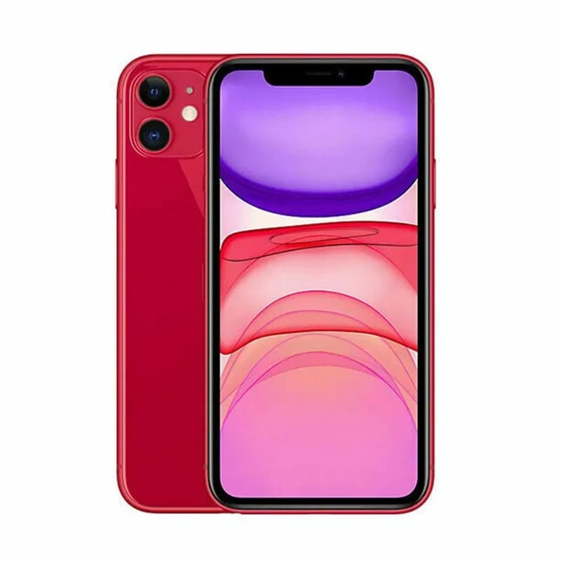 Front and back view of a red Apple iPhone 11 with Liquid Retina display