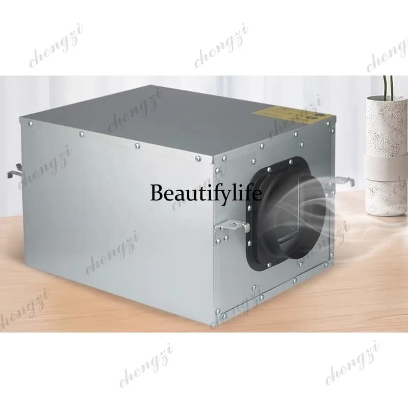 Industrial-style metal fresh air system ventilation fan unit on a wooden surface.
