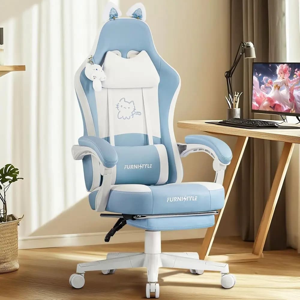 Ergonomic blue and white gaming chair with cat ear accents and lumbar support pillow.