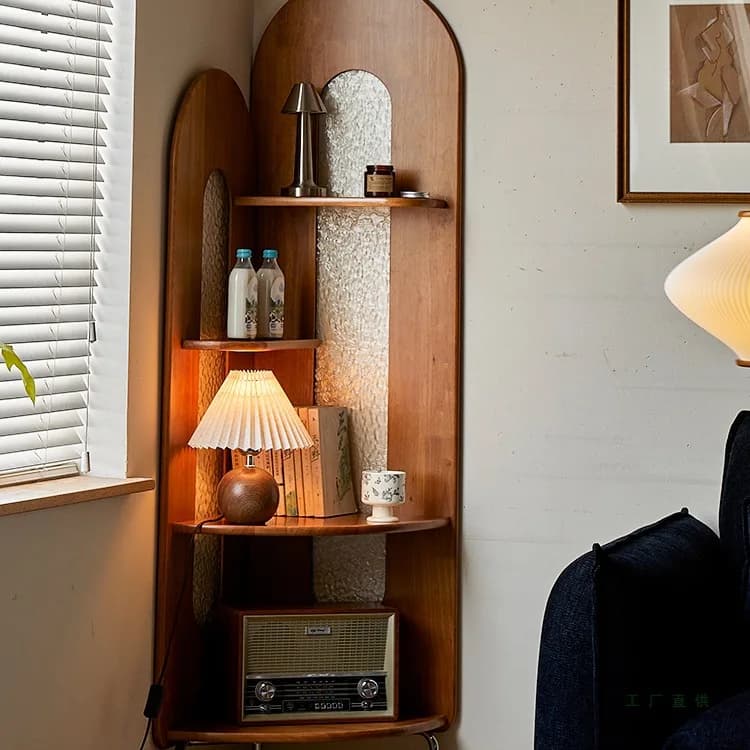 Vintage-style arched solid wood corner shelving unit.