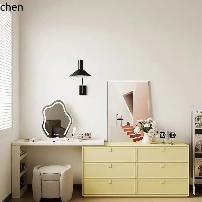 Modern minimalist solid wood dressing table with six drawers and a sleek integrated vanity desk.