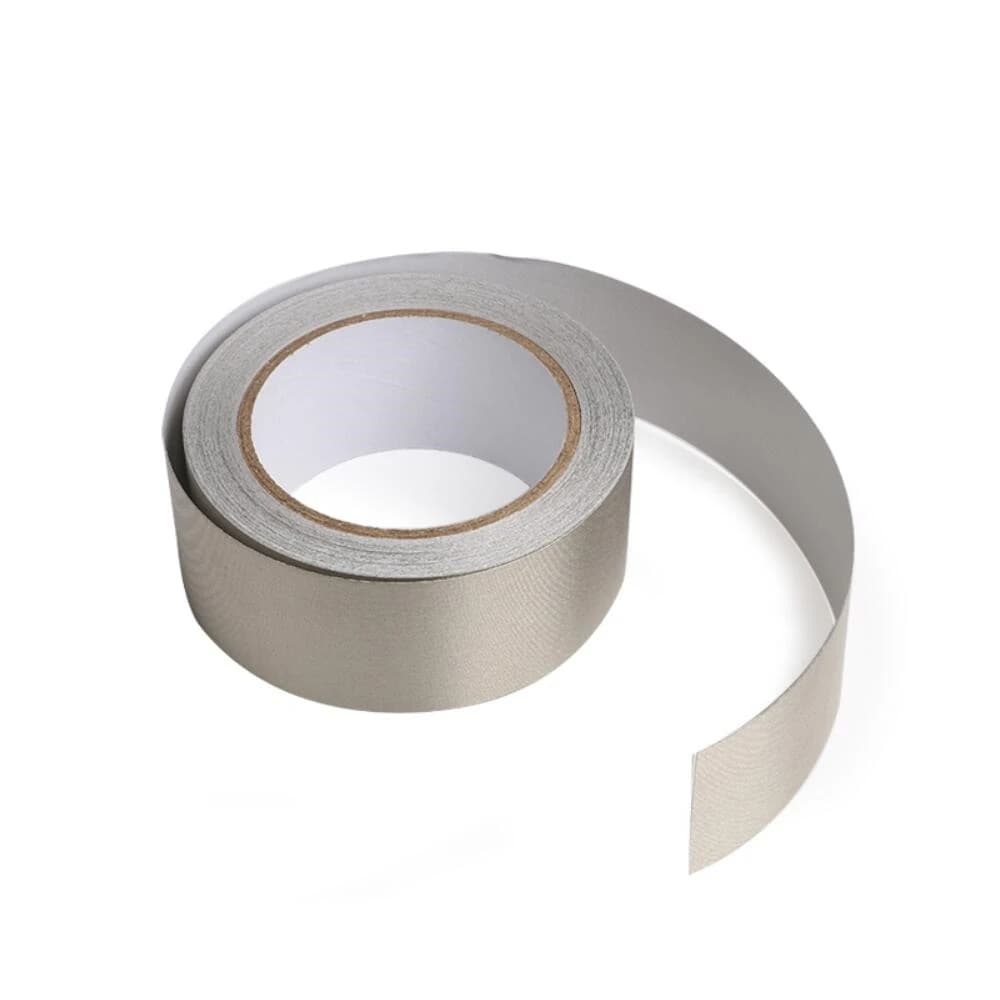 Roll of silver gray conductive fabric duct tape for electromagnetic shielding.