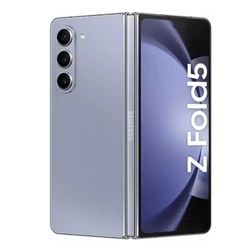 Samsung Galaxy Z Fold 5 in light blue color, showing front screen and rear camera system.