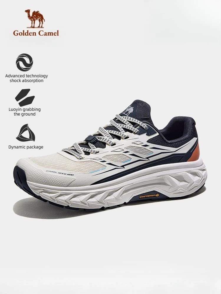 Golden Camel white and navy blue lightweight outdoor running shoe with thick cushioned sole and breathable mesh.