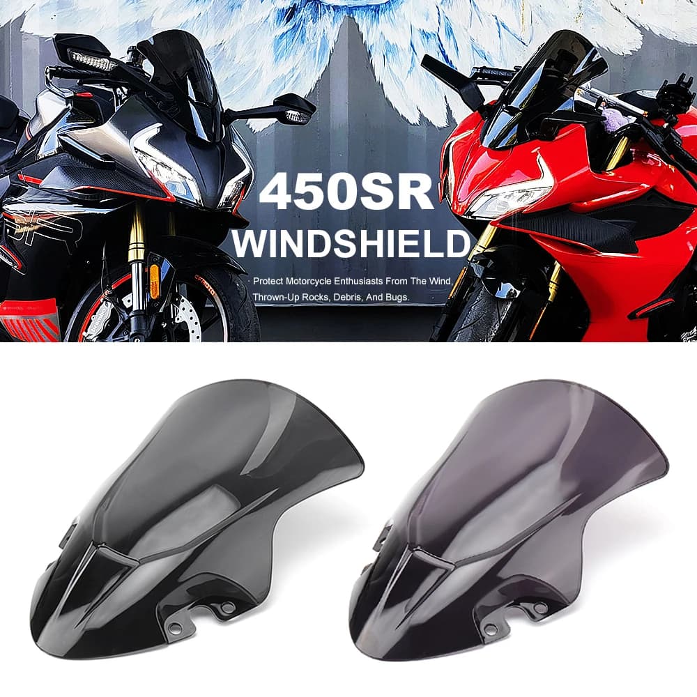Dark tinted motorcycle windshield for CFMOTO 450SR models.
