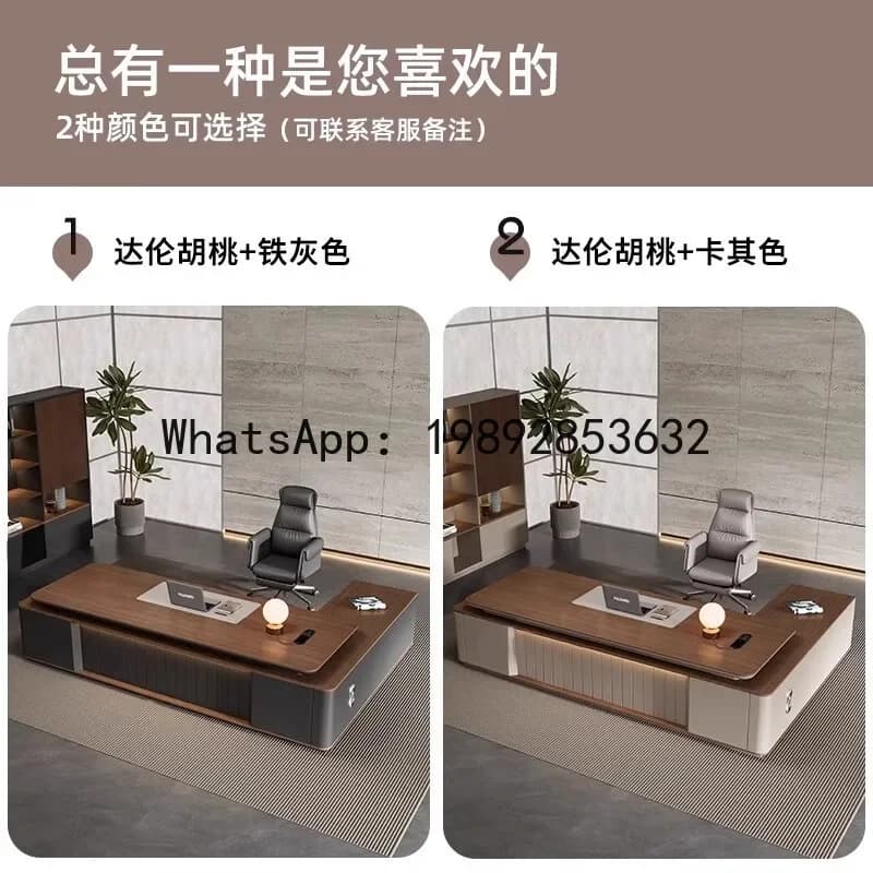 Modern wood-grain L-shaped executive office desk with ergonomic leather chair and integrated lighting.