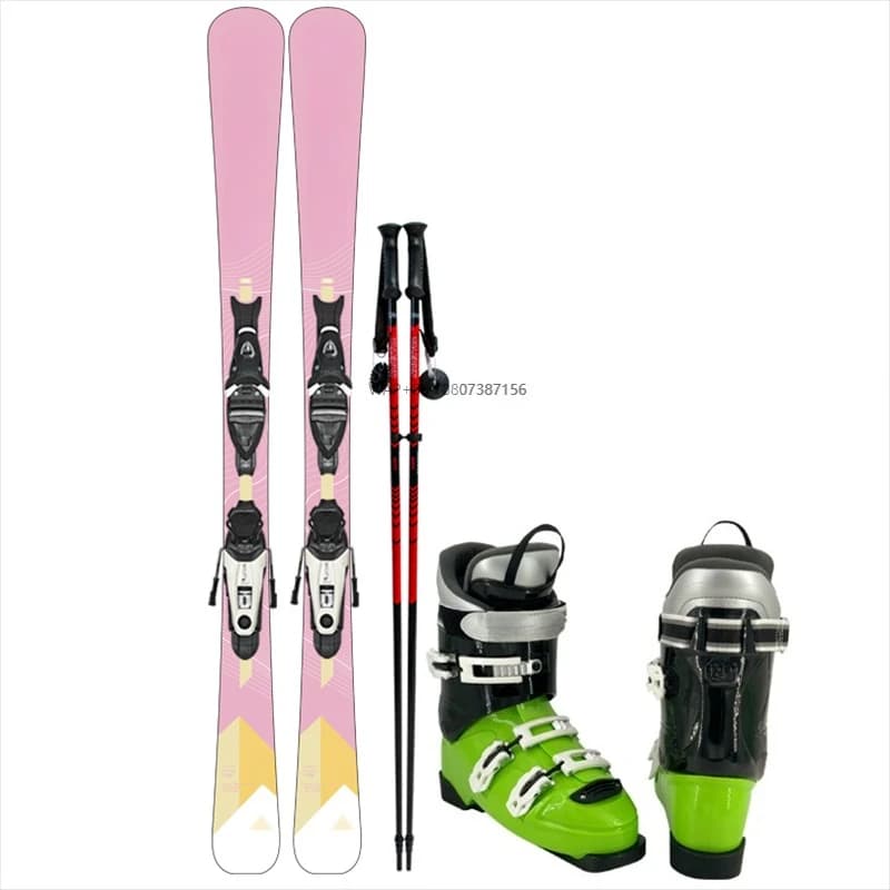 Pink alpine skis with bindings, trekking poles, and neon green ski boots set on a white background.