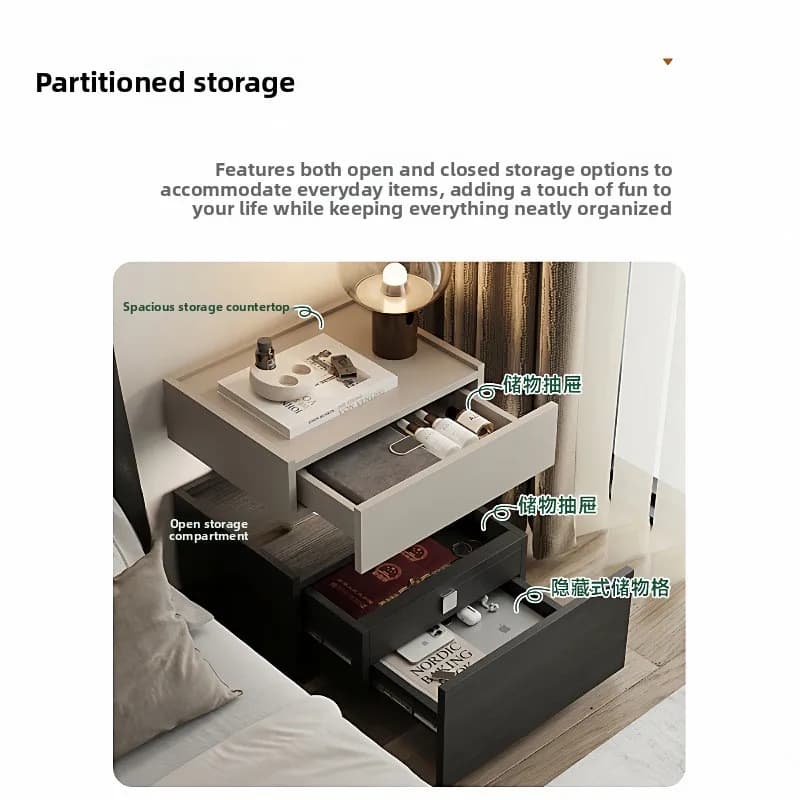 Modern minimalist bedside table with open and hidden storage drawers showing partitioned sections
