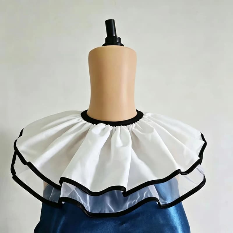 White double-layered ruffled clown neck ruff with black trim on a mannequin.