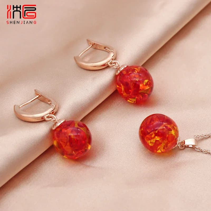 SHENJIANG elegant red flower amber dangle earrings and pendant necklace set.
