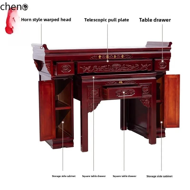 Dark finish solid wood Buddha altar table with drawers and storage cabinets