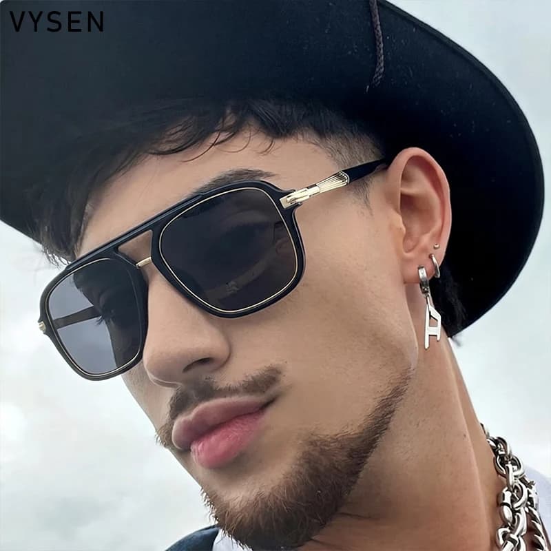 Man wearing vintage black oversized square polarized sunglasses with a double bridge design.