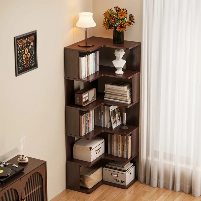 Dark wood L-shaped corner bookshelf with five tiers of storage in a modern living room setting.