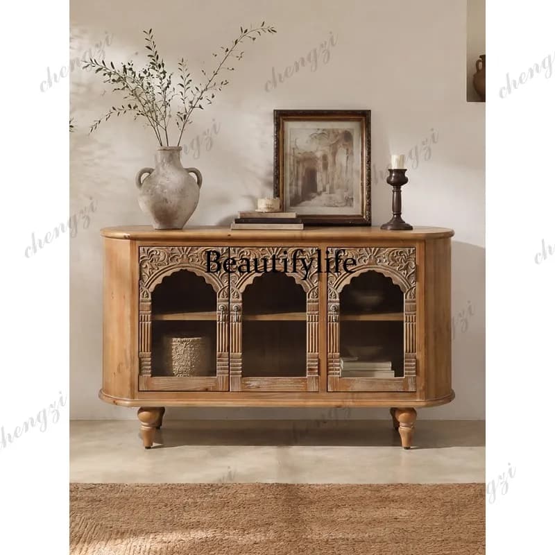 Hand-carved French retro solid wood sideboard with three arched glass doors and storage shelves.