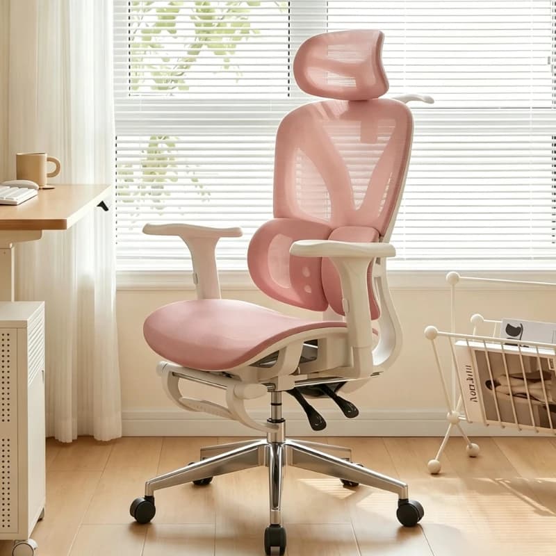 Pink ergonomic reclining office chair with mesh backrest and headrest.