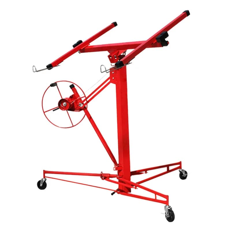 Red heavy-duty semi-automatic gypsum board and drywall lifter on wheels.