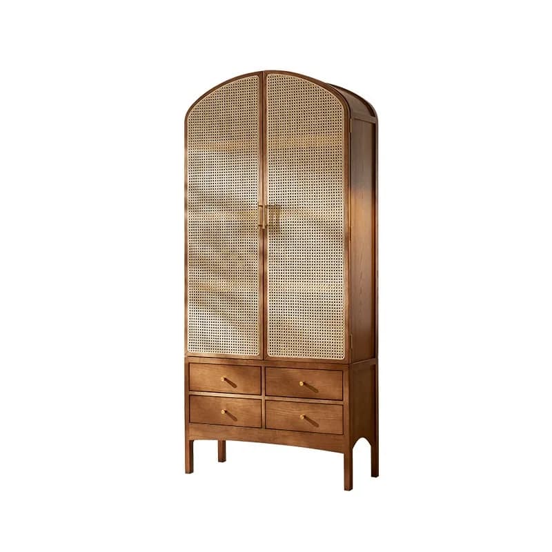 Arched retro solid wood cabinet with woven rattan doors and four drawers.