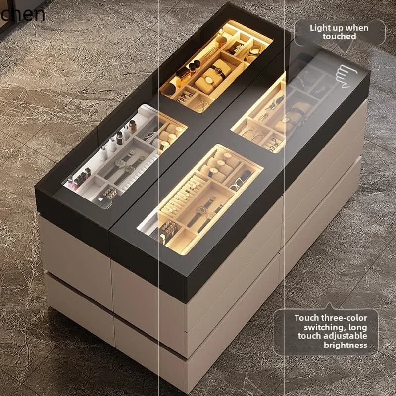 High-end Italian style double-sided jewelry display cabinet with integrated touch lighting and glass top.
