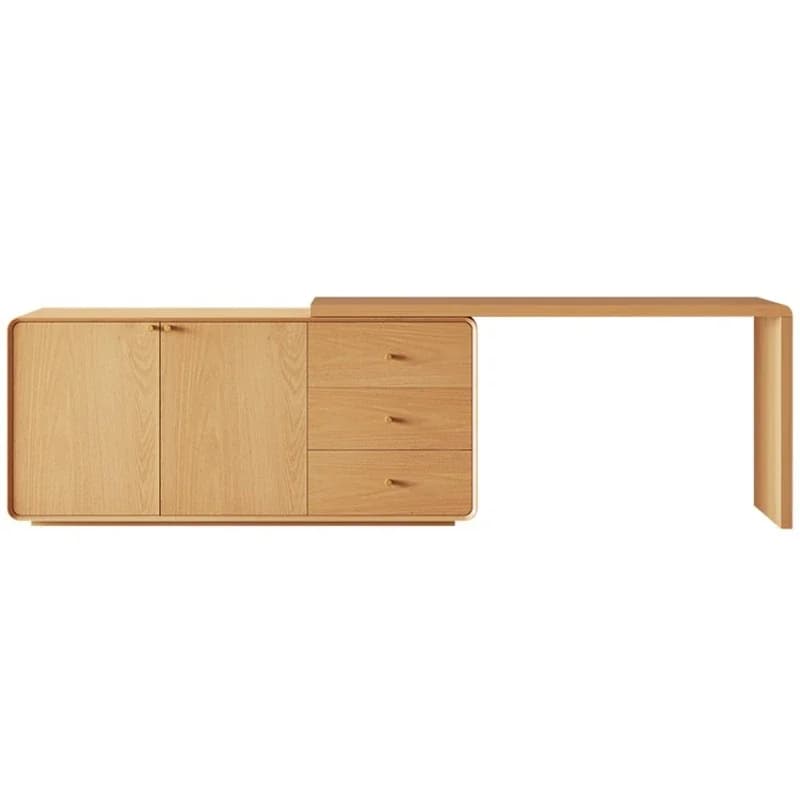 Minimalist retractable solid wood desk with storage drawers in log color.