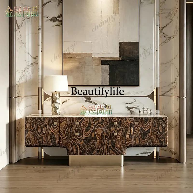 Elegant textured wood pattern and marble top entrance cabinet for luxury home decor.