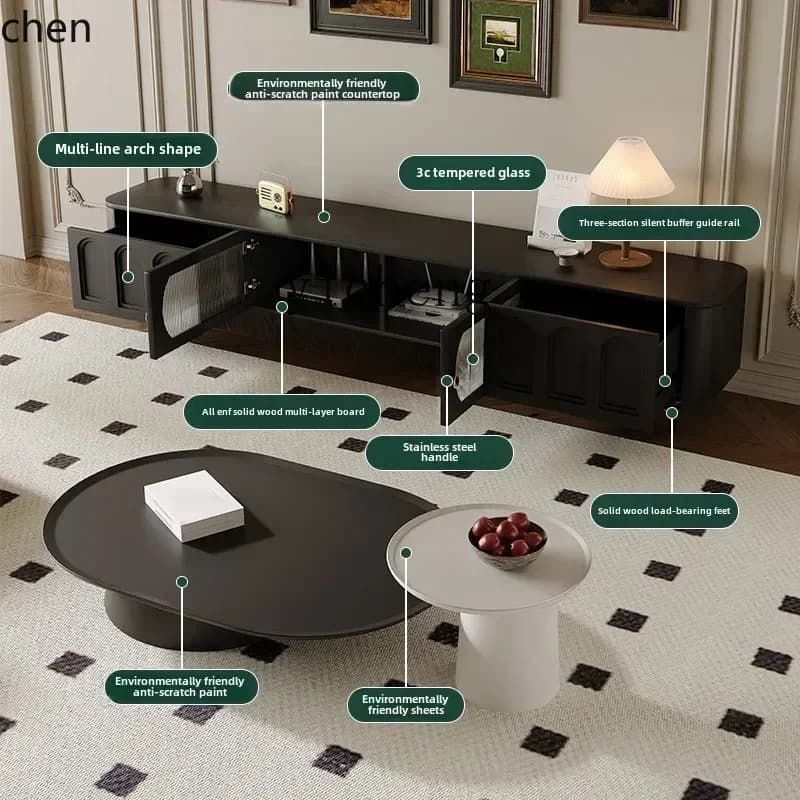 Modern black retro TV cabinet with matching coffee tables and tempered glass doors.
