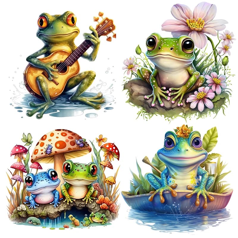 Illustration of four cute whimsical frogs in various scenes featuring mushrooms, flowers, and a guitar.