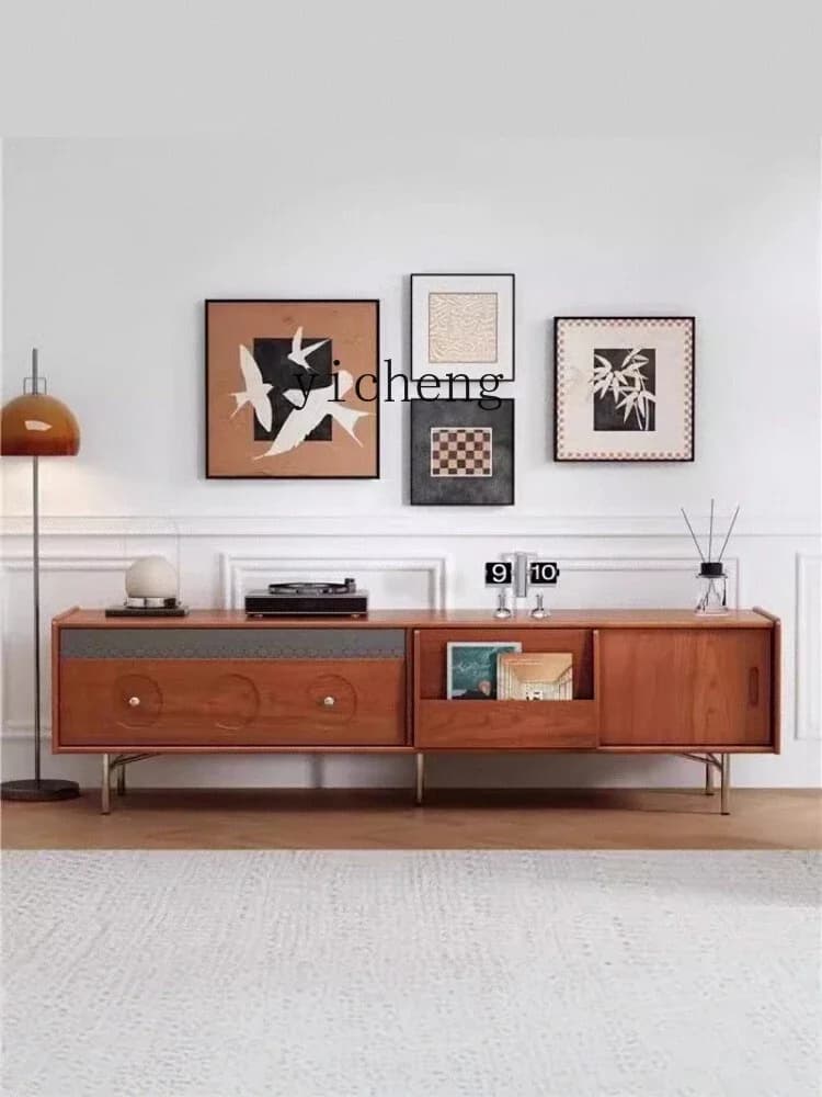 Vintage solid wood floor-standing TV cabinet in a warm wood finish