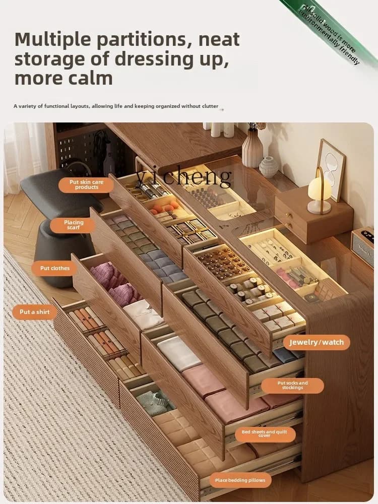 High-end wood storage cabinet with integrated jewelry and cosmetic partitions.