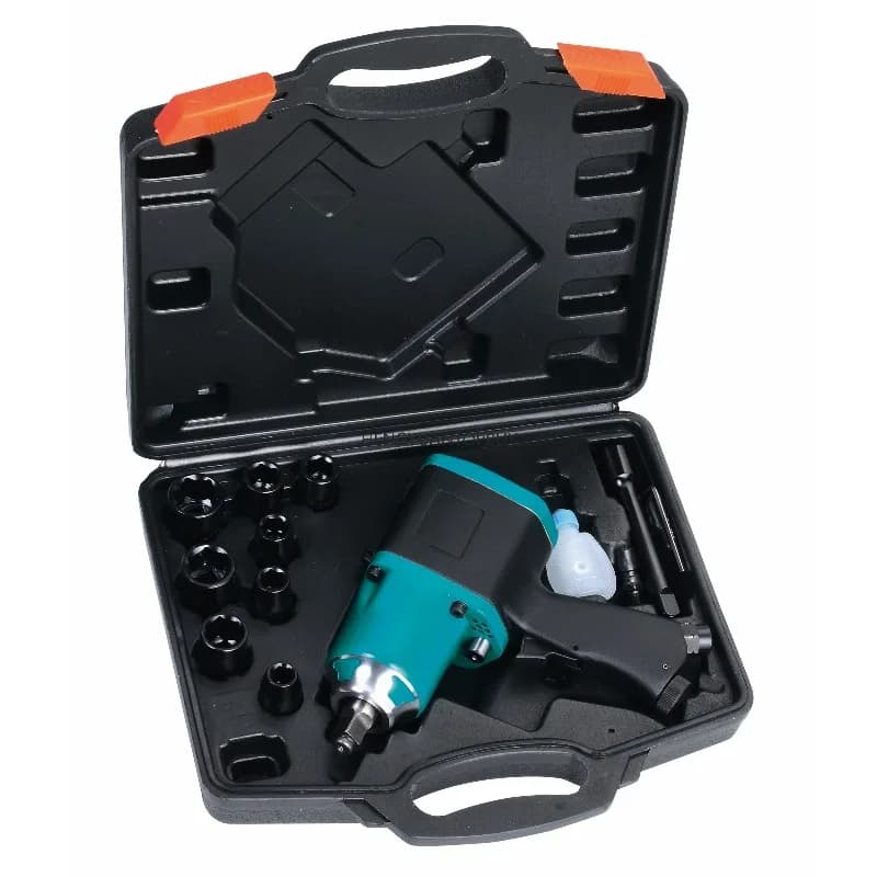 TY53400K Air Impact Wrench Kit in a black carrying case with 13 pieces of sockets and accessories.