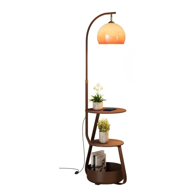 Vintage style floor lamp with tiered wooden shelves and a grapefruit colored shade