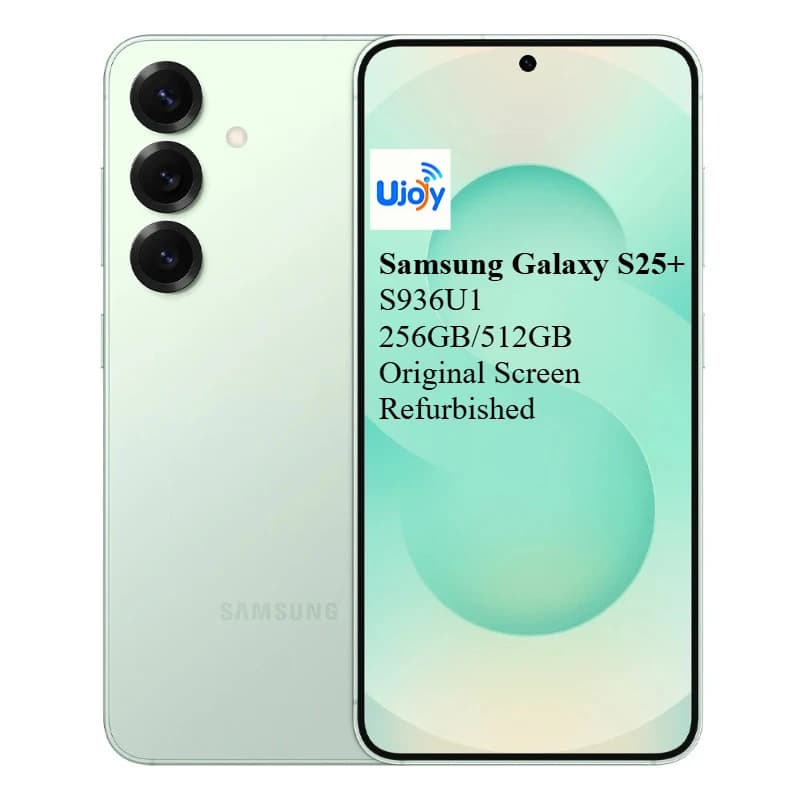 Refurbished Samsung Galaxy S25 Plus in light green showing front screen and triple camera back.