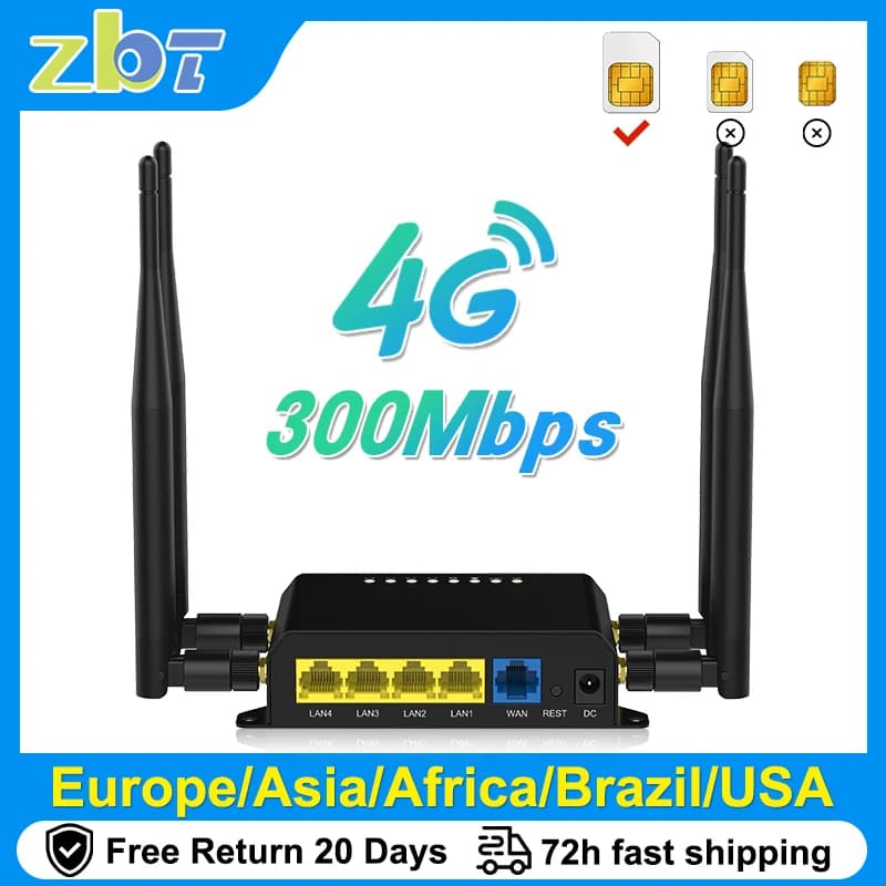 ZBT 4G LTE WiFi Router with four antennas and SIM card slot