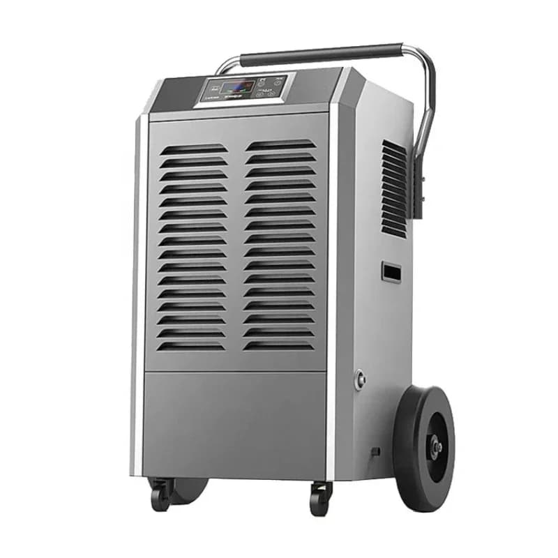 Industrial silver portable dehumidifier with large wheels and push handle