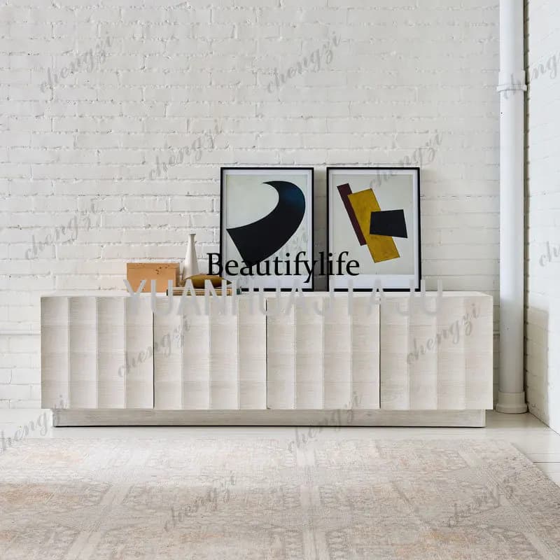 Elegant white French retro solid wood TV cabinet with textured engraved doors