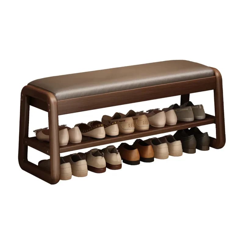 Padded solid wood shoe changing stool with two-tier shoe rack
